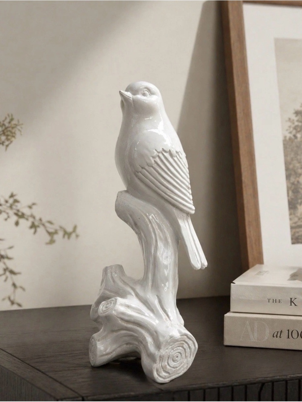 Heavy White Resin Bird Figurine on Branch Minimalist Home Decor